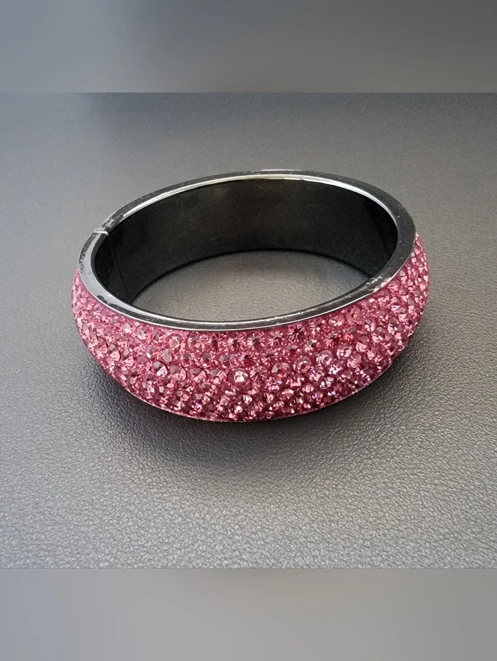 Y2K Pink Crystal Pavé Resin Bangle Bracelet Gunmetal Interior Small Wrist